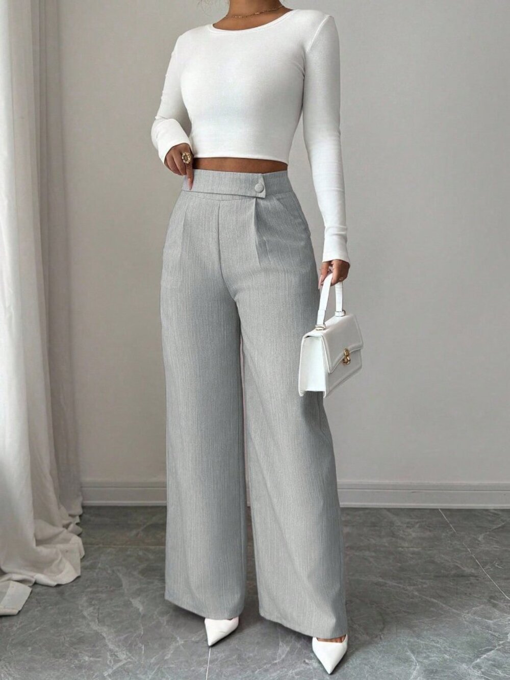 Grey Casual Women's Work Office Loose Flowy Straight Leg Pants - Picture 3 of 7